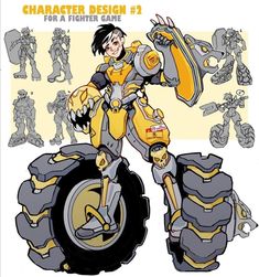 an image of a cartoon character on a motorcycle with other characters behind it and the text character design for a fighter game