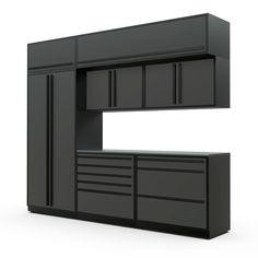 a black kitchen cabinet with drawers and cupboards on the bottom, against a white background