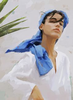 a painting of a woman with a blue scarf around her head and palm trees in the background