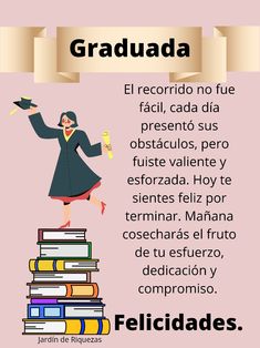 a woman standing on top of a stack of books with the words graduation written in spanish