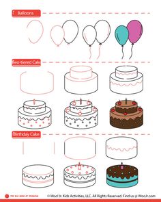 an image of different types of cakes and balloons in the air with words above them