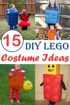 some kids are wearing costumes made out of legos and plastic blocks with text overlay that reads 15 diy lego costume ideas