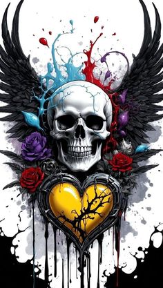 a skull with wings and roses on it's chest is painted in black, white, and yellow