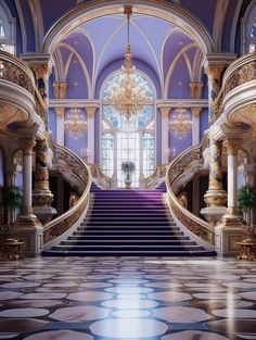 an ornate staircase with chandelier and marble flooring in front of a large window