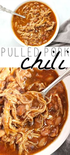 pulled pork chili in a white bowl with spoons on the side and title text overlay