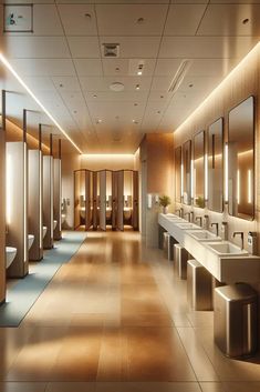 a public restroom with multiple sinks and mirrors on the walls, along with urinals