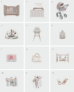 the baby's nursery items are arranged in rows