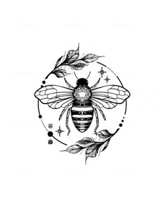 a black and white drawing of a bee with leaves on it's back side