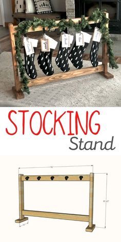 a wooden bench with stockings hanging on it and the words stocking stand above it