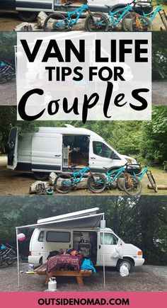 an rv with the words van life tips for couples in front of it and below