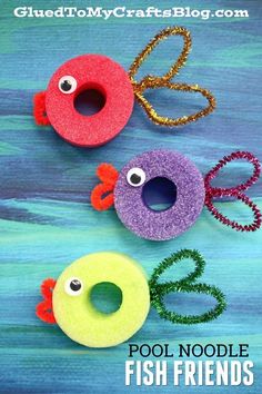 three donuts with googly eyes and the words pool noodle fish friends