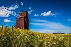 a tall brick tower sitting on top of a lush green field under a blue sky