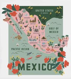 a map of the united states with flowers and other things on it's side