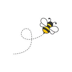 a bee flying through the air with a dotted line in front of its back end