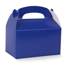 a blue box with a white handle on the top and bottom, is shown in front of a white background