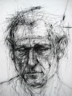 a black and white drawing of a man's face with hair on top of his head