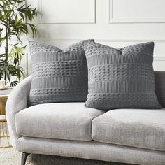 two gray pillows sitting on top of a couch in front of a potted plant