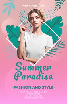 a woman in white shirt and green leaves on pink background with text summer paradise fashion and style