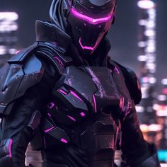 a man in a futuristic suit standing on top of a rooftop at night with neon lights