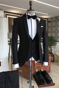 Wedding Tuxedo For Men Black, Black Three Piece Suit Men, All Black Wedding Suit For Groom, 3 Piece Suit Men Wedding, Black Groom Suit, Grooms Tuxedo, Grooms Tux, Black Three Piece Suit, 3 Piece Suit Men