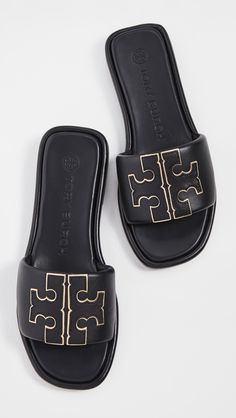 Tory Burch Double T Sport Slides | Shopbop Luxury Sports Boots With Rubber Sole, Luxury Double Strap Heels With Padded Heel, Luxury Sandals Trendy, Tory Burch Slides Outfit, Tory Burch Slides, Pretty Sandals, Sandals Outfit, Tory Burch Sandals, Logo Emblem