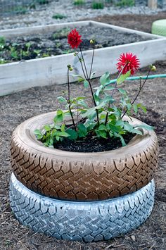 two tires stacked on top of each other with flowers growing in the center and leaves