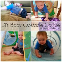 collage of photos showing baby obstacle course with toddler crawling on the floor and smiling