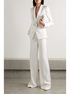 VERONICA BEARD Millicent crystal-embellished satin-crepe straight-leg pants | NET-A-PORTER Wide Leg White Pants Outfit, Graduation Suits For Women, Women Wedding Suit, Wide Leg White Pants, Bride Suit, Graduation Suits, White Pants Outfit, Pant Suits For Women, Grad Ideas