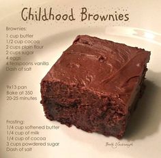 a piece of chocolate brownie on a white plate with instructions for how to make it