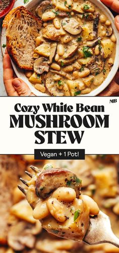 the cover of cozy white bean mushroom stew is being held up by a fork and spoon