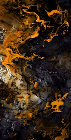 an abstract painting with orange and black paint on it's surface, showing the colors of fire