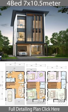 three story house plan with 4 beds and 1 5 meters from the ground level, it has