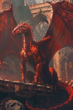 a large red dragon sitting on top of a building