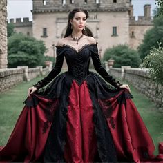 Wedding Dress LOng Sleeves Corset A-Line Bridal Gowns Black And Burgundy Gothic.  "This pin contains affiliate links, which means I may earn a commission at no cost to you extra for you".   #affiliate #advertising" Gothic Prom Dress, Wedding Dress Long Sleeves, Vampire Dress, Gowns Black, A Line Bridal Gowns, Fantasy Princess, Quince Dress, Princess Wedding Dress