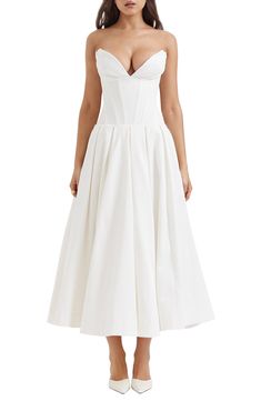 HOUSE OF CB Lady Strapless Midi Dress | Nordstrom House Of Cb Dresses, Satin Corset Dress, White Strapless Dress, House Of Cb, Cocktail Dress Vintage, Strapless Midi Dress, Midi Cocktail Dress