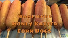 homemade honey batter corn dogs are on skewers