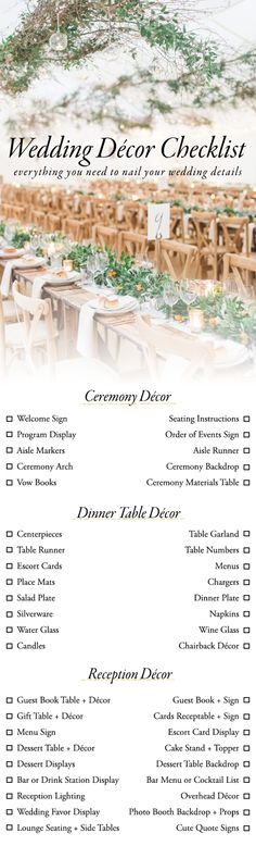 the wedding decor checklist is shown