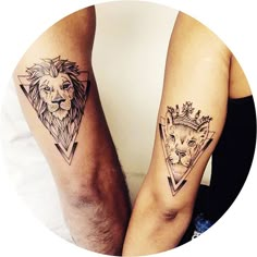 two people with matching tattoos on their arms, one has a lion and the other has a crown