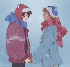 two people are standing in the snow with one holding the other's hand and looking at each other