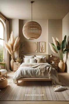 the bedroom is decorated in neutral tones and natural materials, including wickers hanging from the ceiling