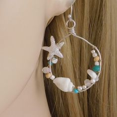 Silver Wire French Hook Earrings With Shells, Turquoise & Pearl Beads, And Silver-Tone Starfish. Adorable And Perfect For Summer! Ocean Beach Jewelry Shell Pearl Beads Handmade Sea Shell Earrings, Wire Wrap Earrings, French Hook Earrings, Summer Ocean, Wrap Earrings, Seashell Jewelry, Earring Ideas, Wire Wrapped Earrings, Beads Handmade