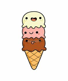 an ice cream cone with three different flavores on top, and one has a smiling face