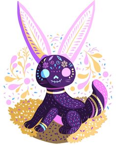 a purple cat sitting on top of a pile of dirt next to flowers and leaves