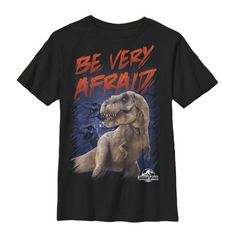 Prepare yourself for some dangerous dinosaurs with the Jurassic World Be Very Afraid Black T-Shirt. A huge tyrannosaurus rex searches for prey on the front of this durable black tee with "Be Very Afraid" printed above and the Jurassic World logo below. Size: M.  Gender: male.  Age Group: kids.  Pattern: graphic. Jurassic World Logo, World Logo, Jurassic World Dinosaurs, Sleeve Packaging, Tyrannosaurus Rex, Boy Tees, Slim Fit Shorts, Jurassic World, Jurassic Park