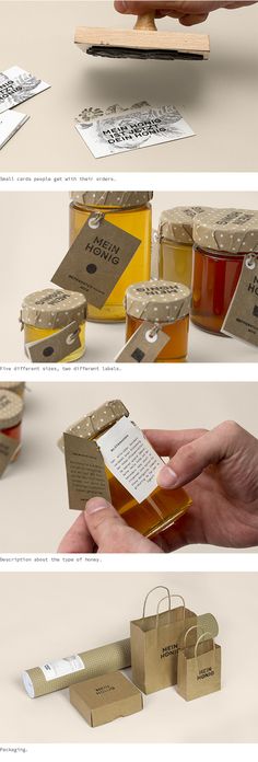 several images of different types of honey in boxes and packages, with labels on them