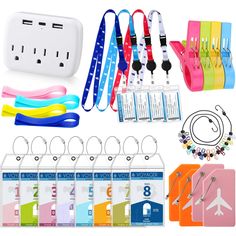 an assortment of luggage tags, lanyards and other items are shown in this image