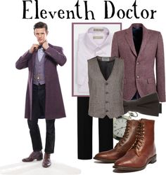 a man in a purple coat and brown shoes standing next to a white clock with the words, eleventh doctor on it