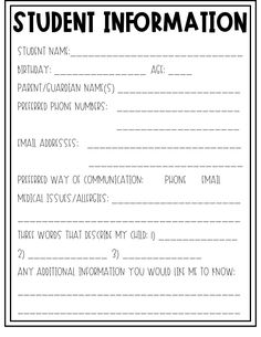 a student information card with the words student information in black and white text on it