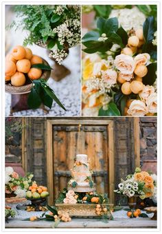 oranges and white flowers are arranged around a cake on a table in front of an old wooden door