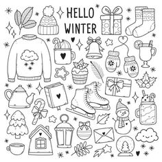 a black and white drawing of winter items in the shape of a circle with words hello winter